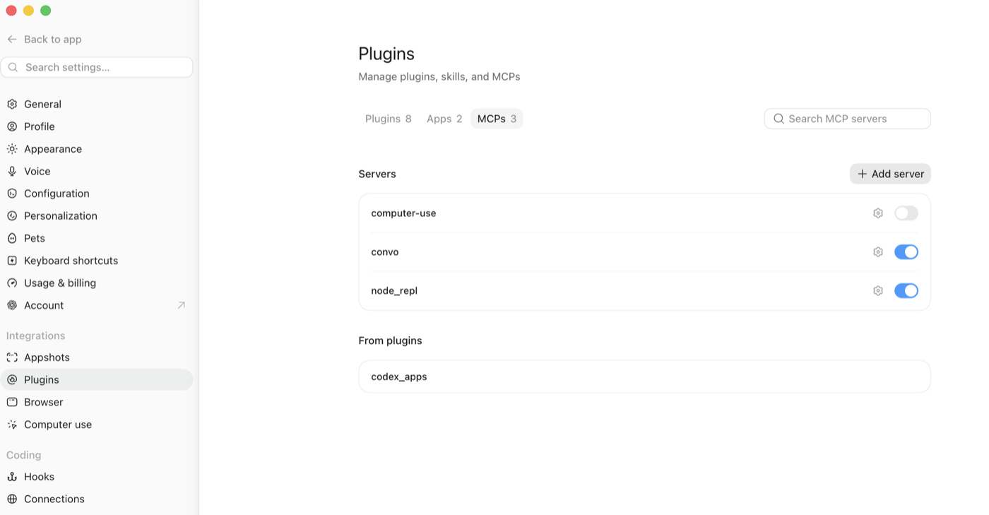 ChatGPT Plugins settings on the MCPs tab with the Add server button