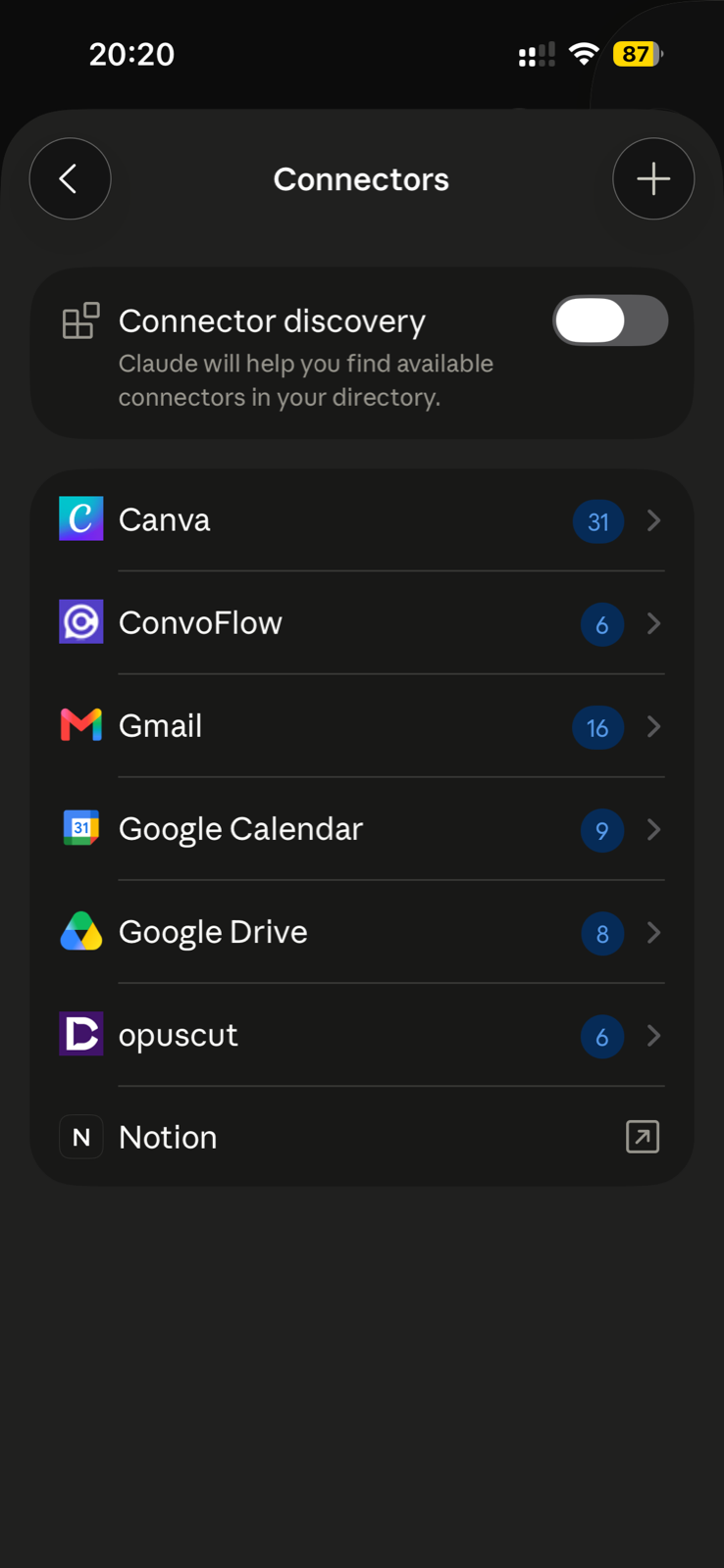 ConvoFlow shown as a connected connector in the Claude iOS app